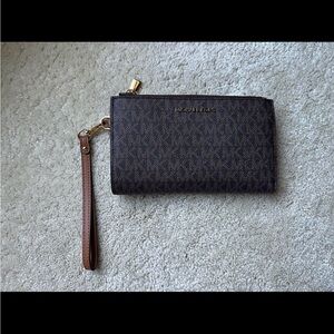 Michael Kors Brown Monogram Zip Wallet with Gold Hardware
